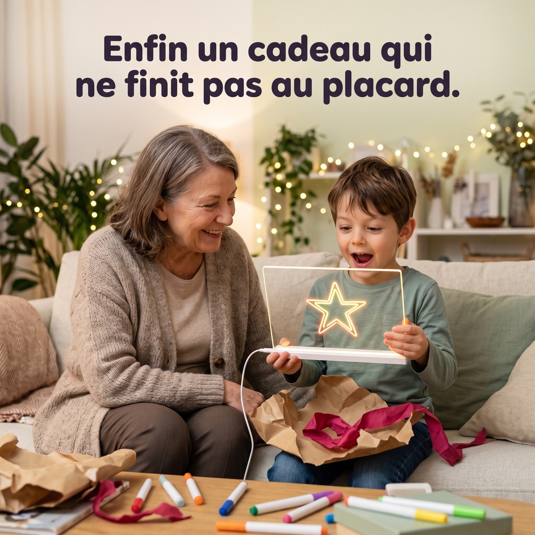 Enfant qui dessine sur le tableau néon