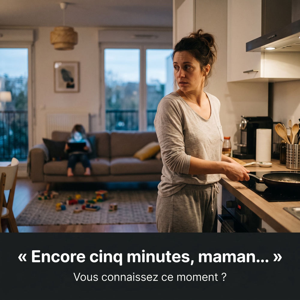 Maman qui prépare le dîner pendant que son enfant est sur la tablette